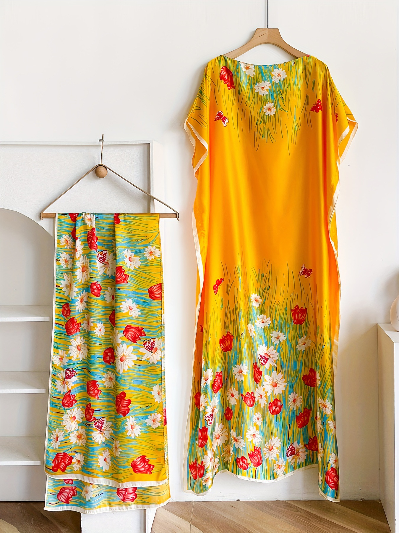 Elegant Floral Print Silk Kaftan Dress