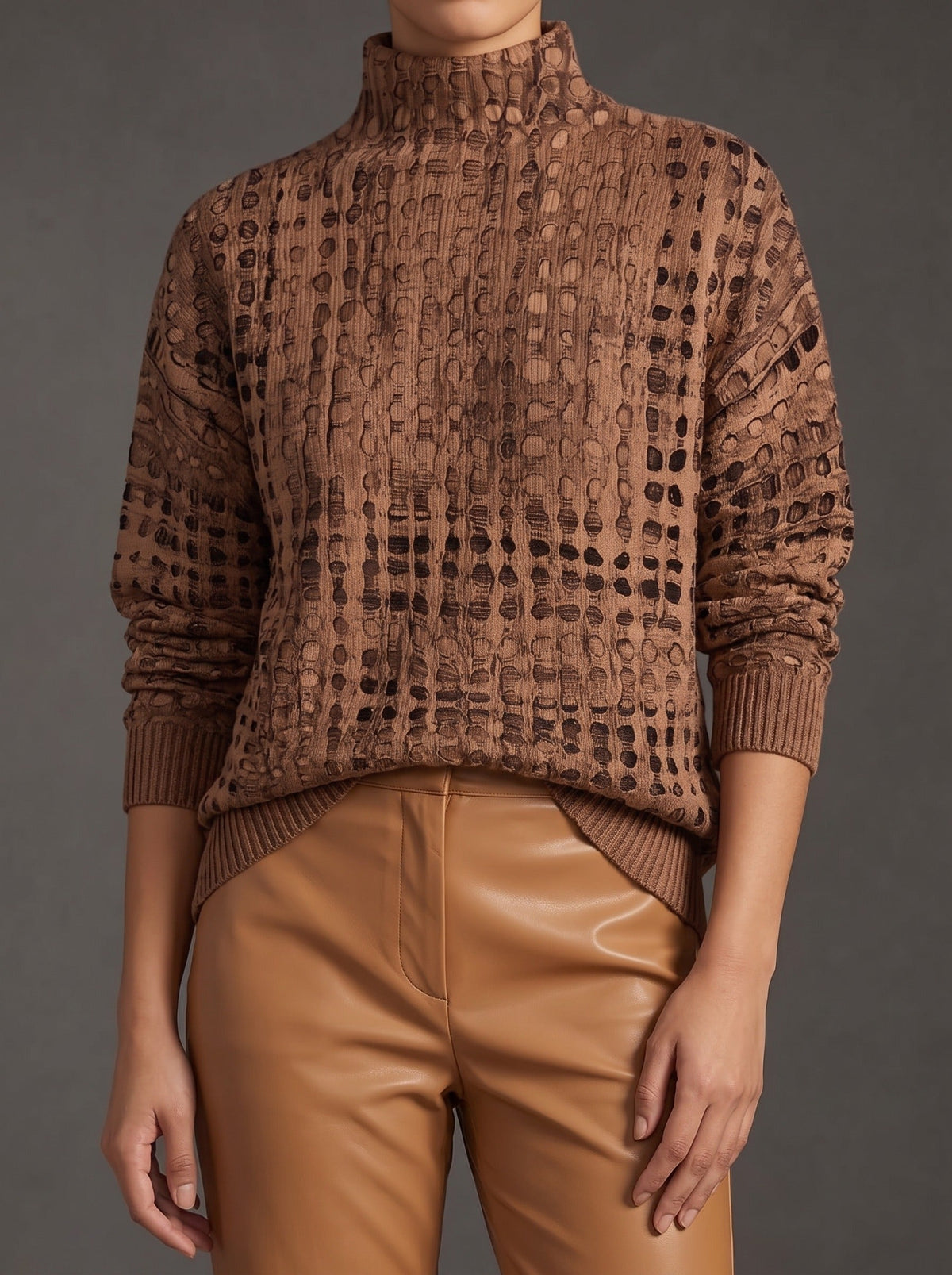 Marnie - Chestnut Honeycomb Print Turtleneck Sweater