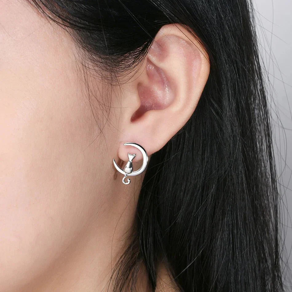 Moon & Cat Stud Cat Earrings