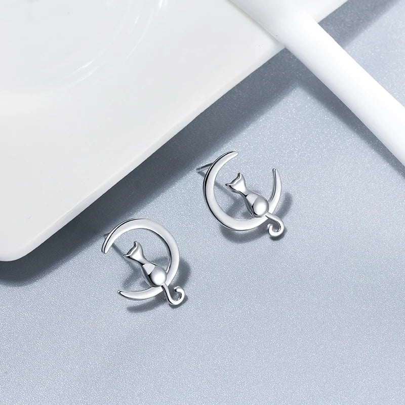 Moon & Cat Stud Cat Earrings