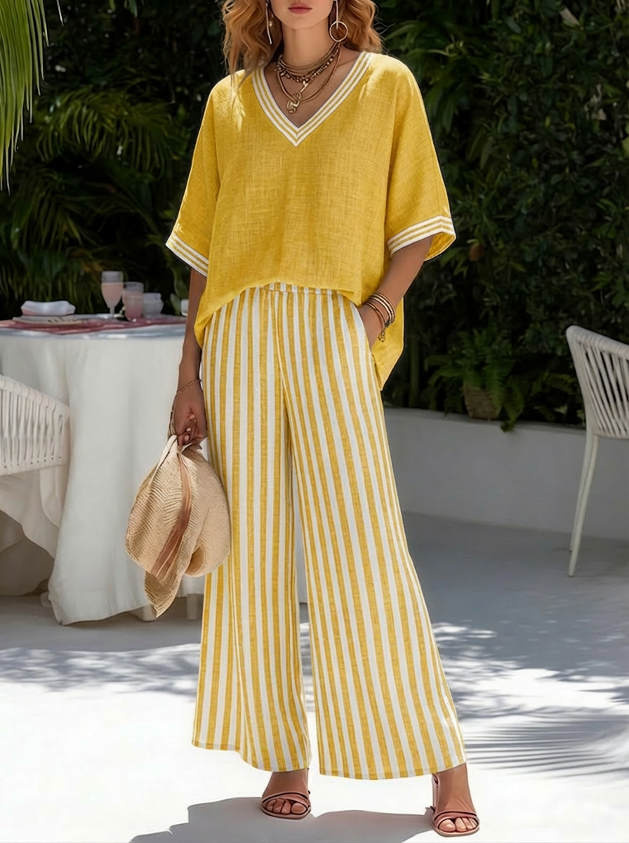 Elena | Elegant Striped Wide-Leg Two-Piece Set