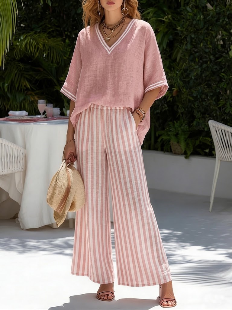 Elena | Elegant Striped Wide-Leg Two-Piece Set