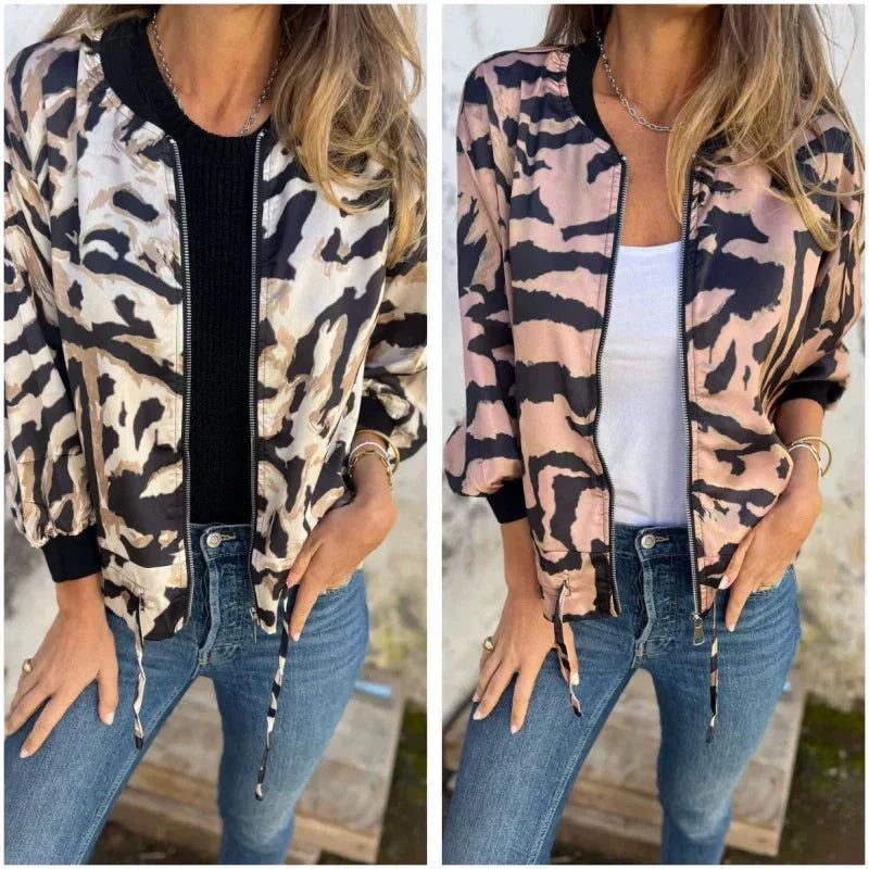 Zeldaβ’ | Zip-Up Zebra Print Bomber Jacket