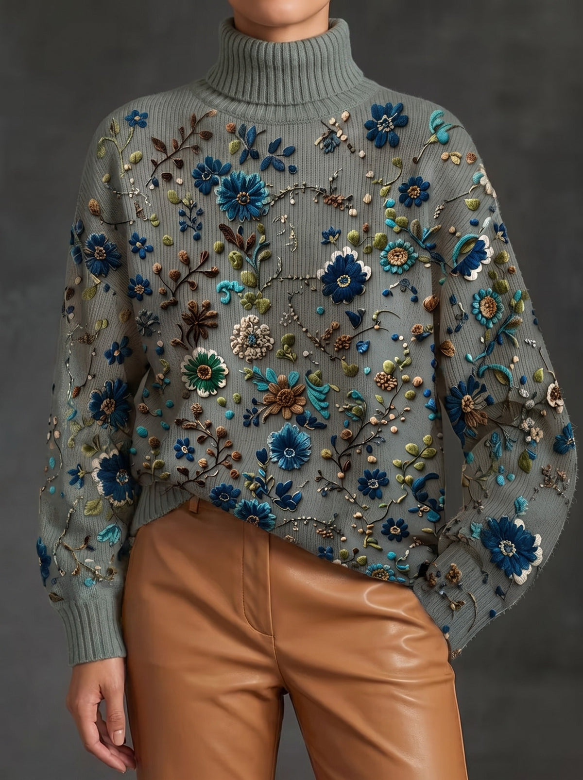 Thalassa - Sage Floral Turtleneck Sweater