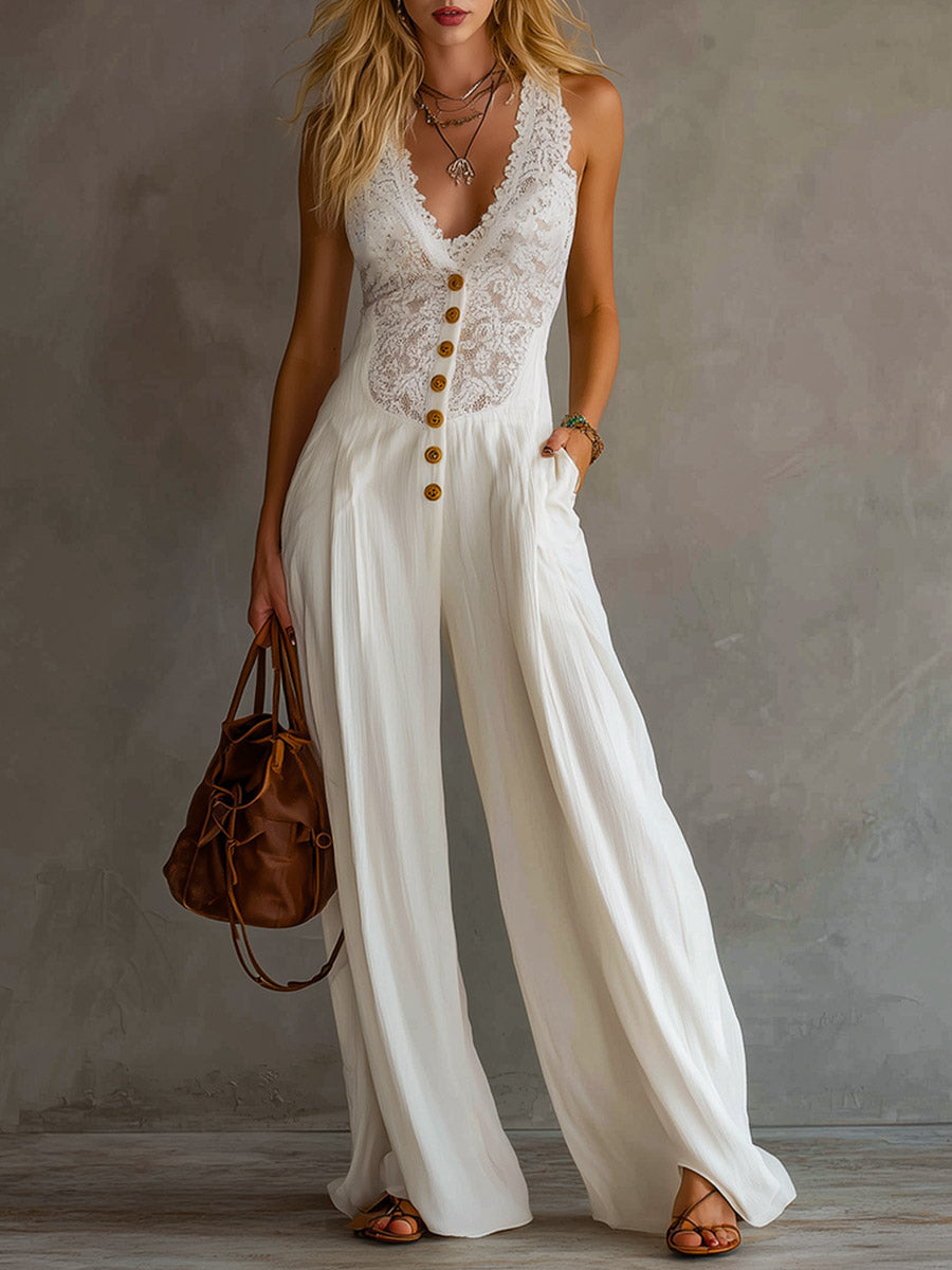 Minimalist White Lace-Paneled Sleeveless Jumpsuit
