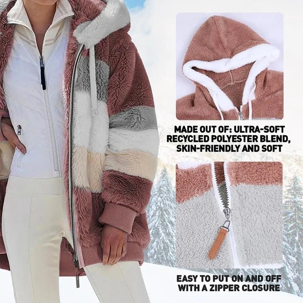 Oversized Color Block Fuzzy Hooded Jacket