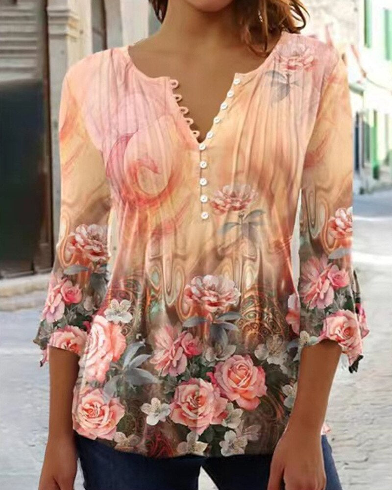 Floral Pintuck Bell Sleeve Blouse