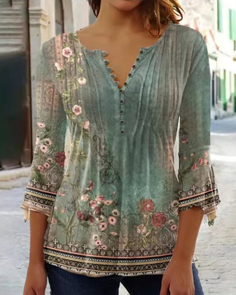 Floral Pintuck Bell Sleeve Blouse