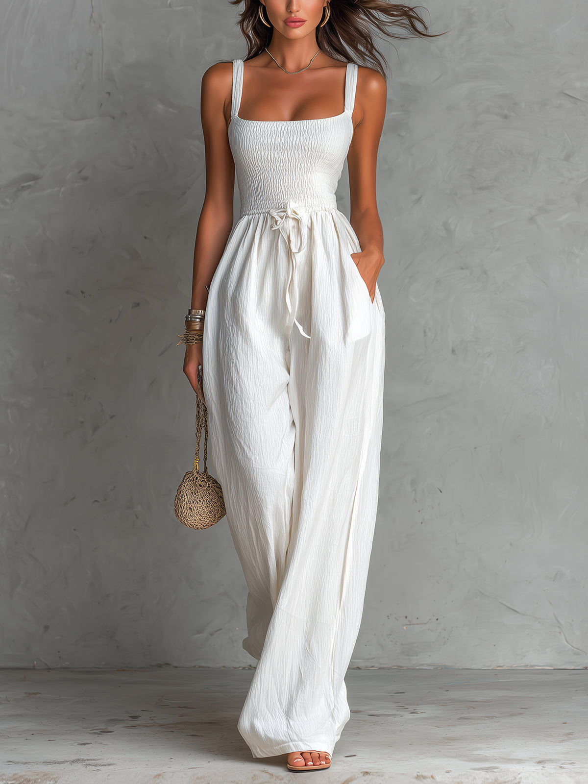 White Square Neck Sleeveless Pleated Drawstring Wide-leg Jumpsuit