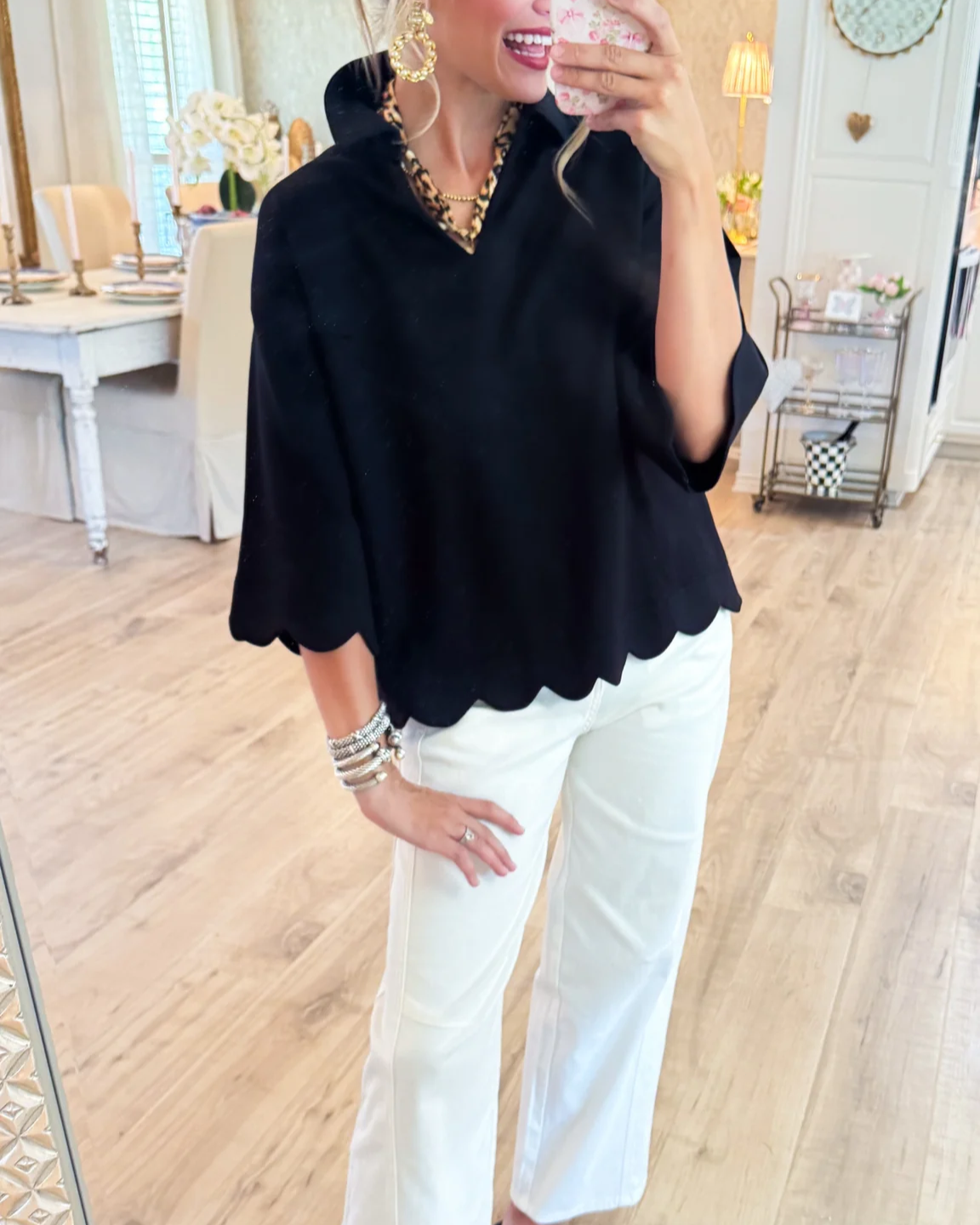 Scalloped-Hem V-Neck Short-Sleeve Blouse