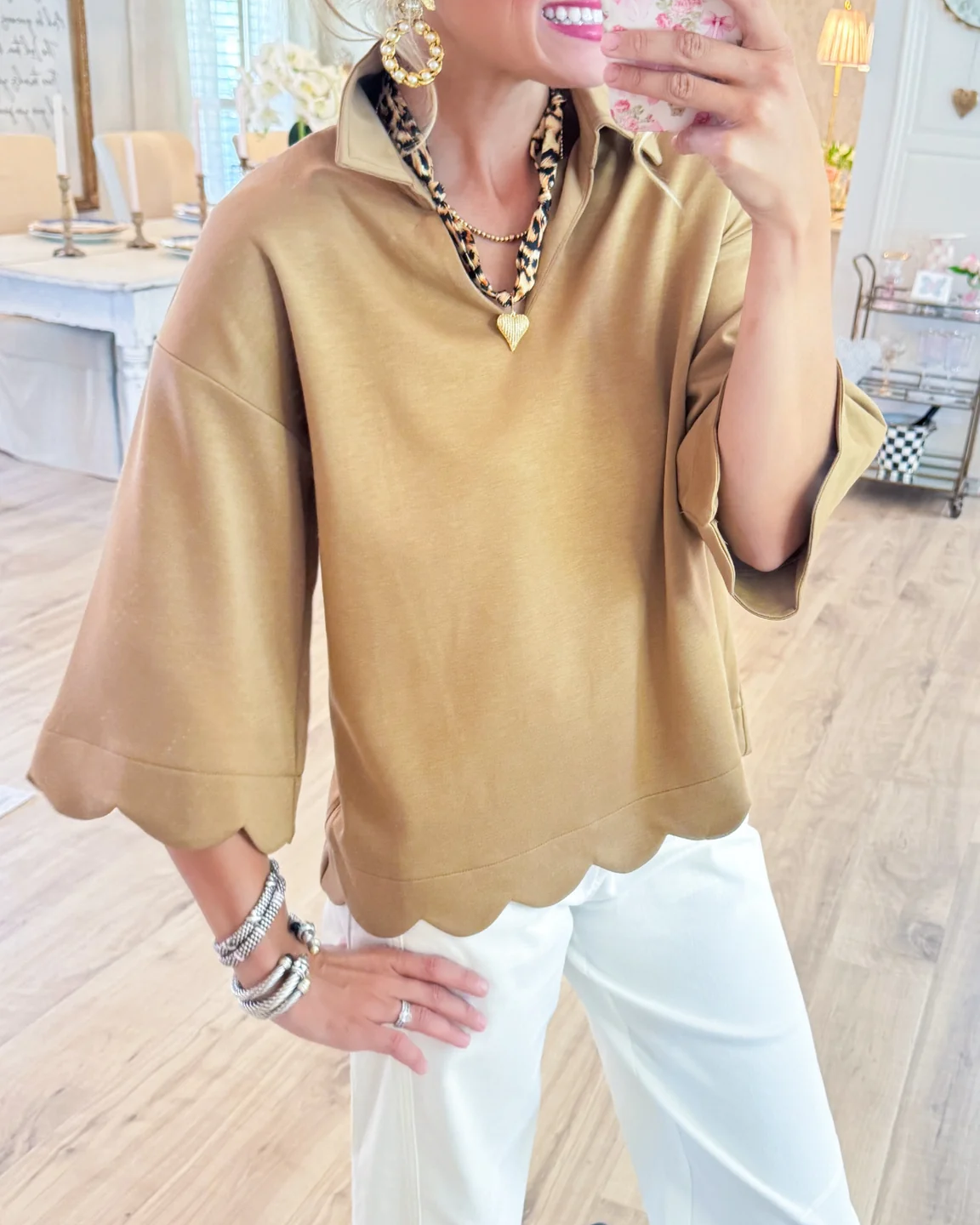 Scalloped-Hem V-Neck Short-Sleeve Blouse
