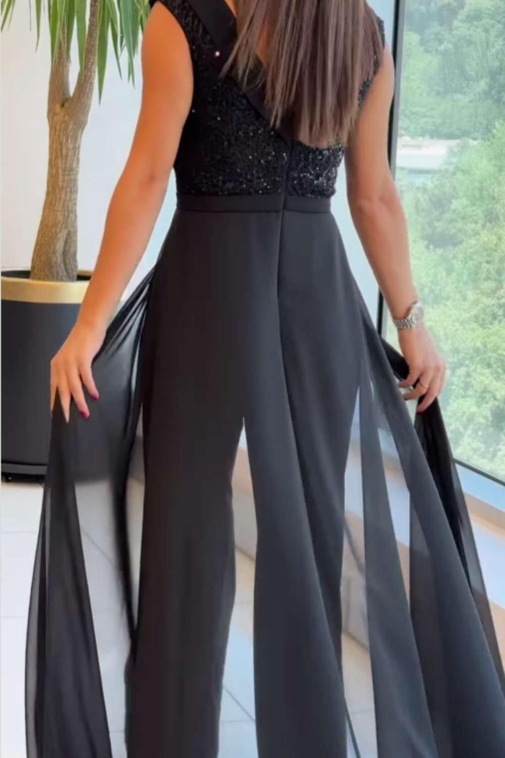 Crew-neck textured-panel tulle jumpsuit