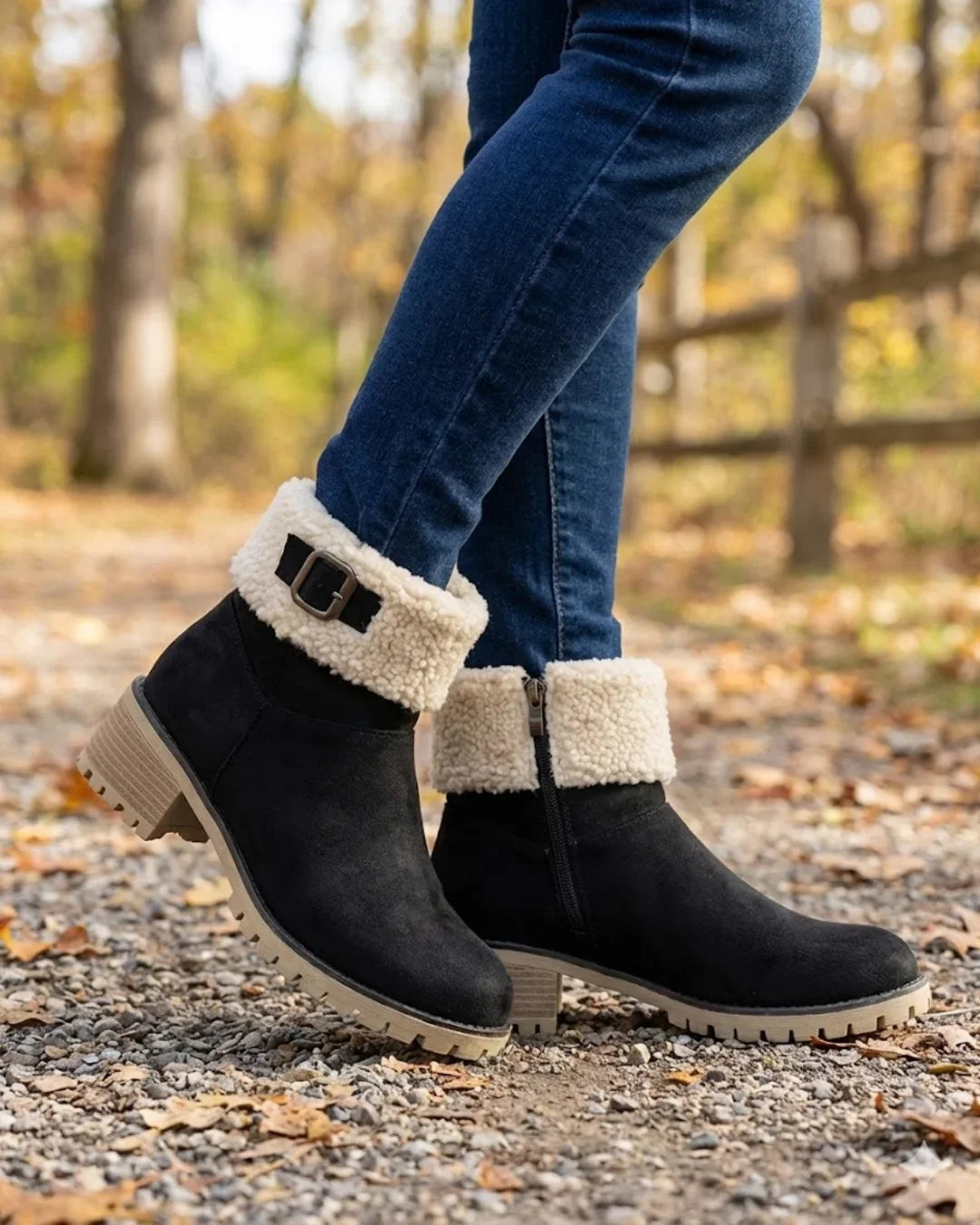 Mirella™ | Sherpa-cuff buckled side-zip heeled ankle boots