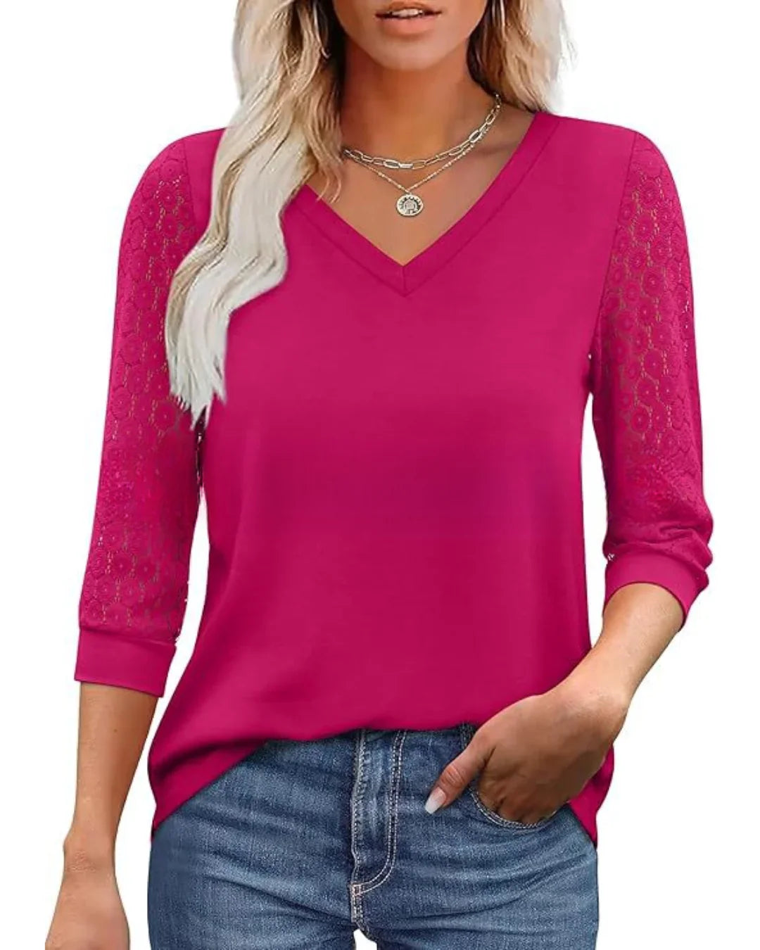 Lace-Sleeve Casual V-Neck Blouse