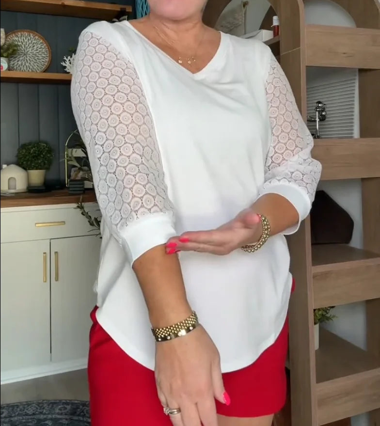 Lace-Sleeve Casual V-Neck Blouse