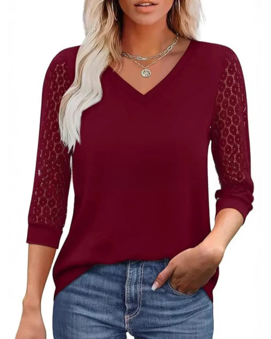 Lace-Sleeve Casual V-Neck Blouse