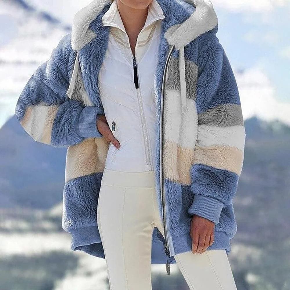 Oversized Color Block Fuzzy Hooded Jacket