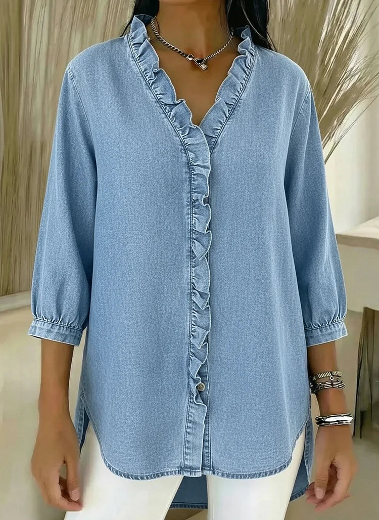 Chic Feminine Ruffle-Trim Denim Blouse