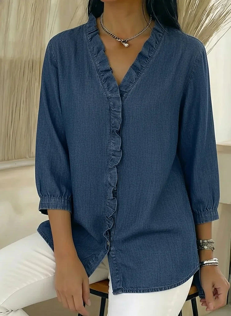 Chic Feminine Ruffle-Trim Denim Blouse