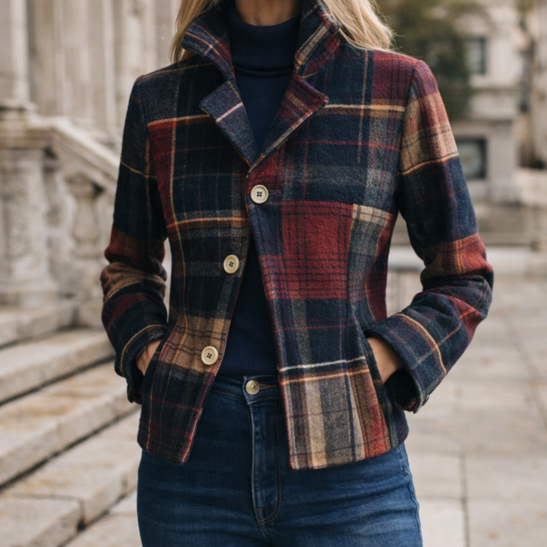 Classic Tailored Wool-Blend Plaid Button-Up Jacket