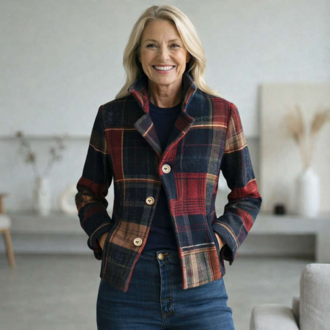 Classic Tailored Wool-Blend Plaid Button-Up Jacket