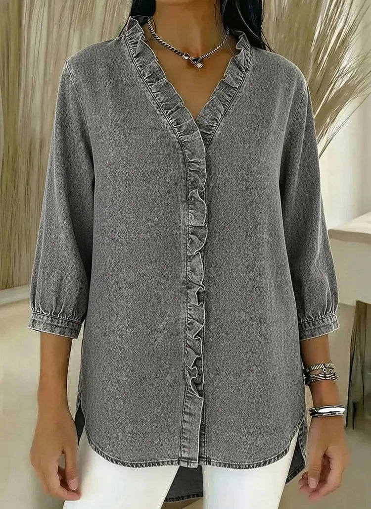 Chic Feminine Ruffle-Trim Denim Blouse