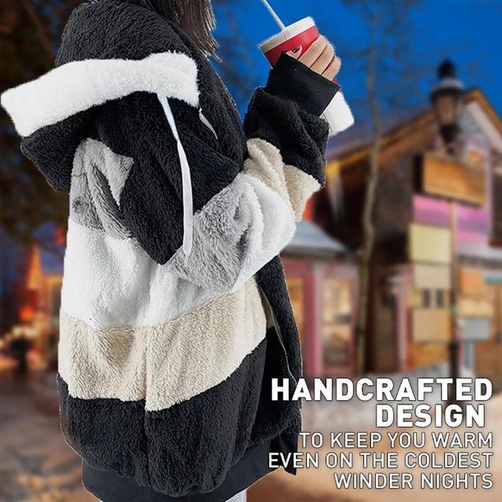 Oversized Color Block Fuzzy Hooded Jacket