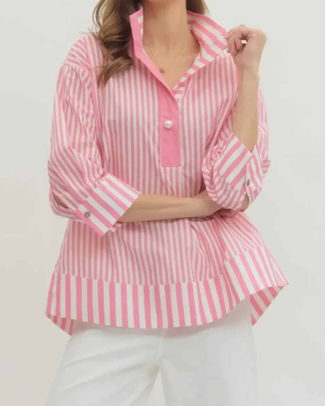 Vertical Striped V-Neck Pearl Button Blouse