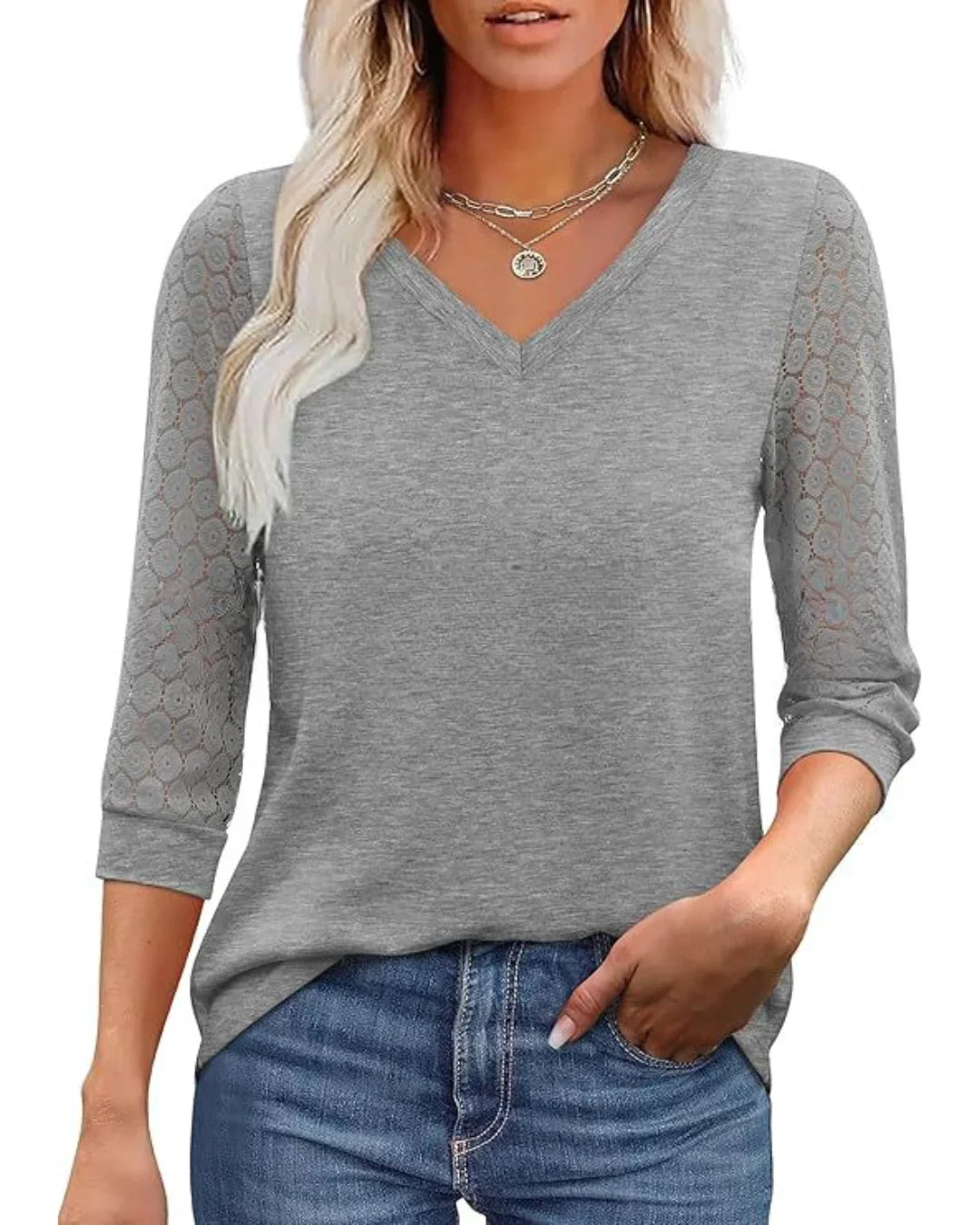 Lace-Sleeve Casual V-Neck Blouse