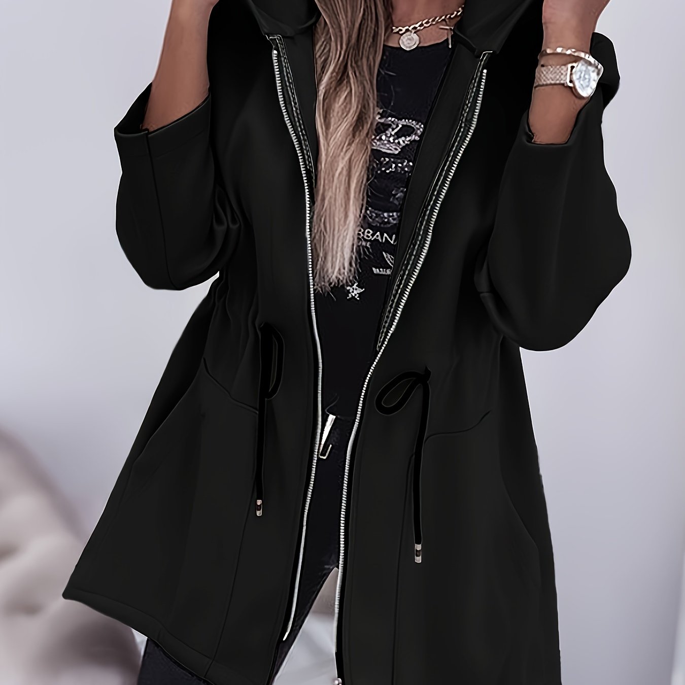 Valentina™ | Zip-Front Drawstring-Waist Hooded Parka Coat