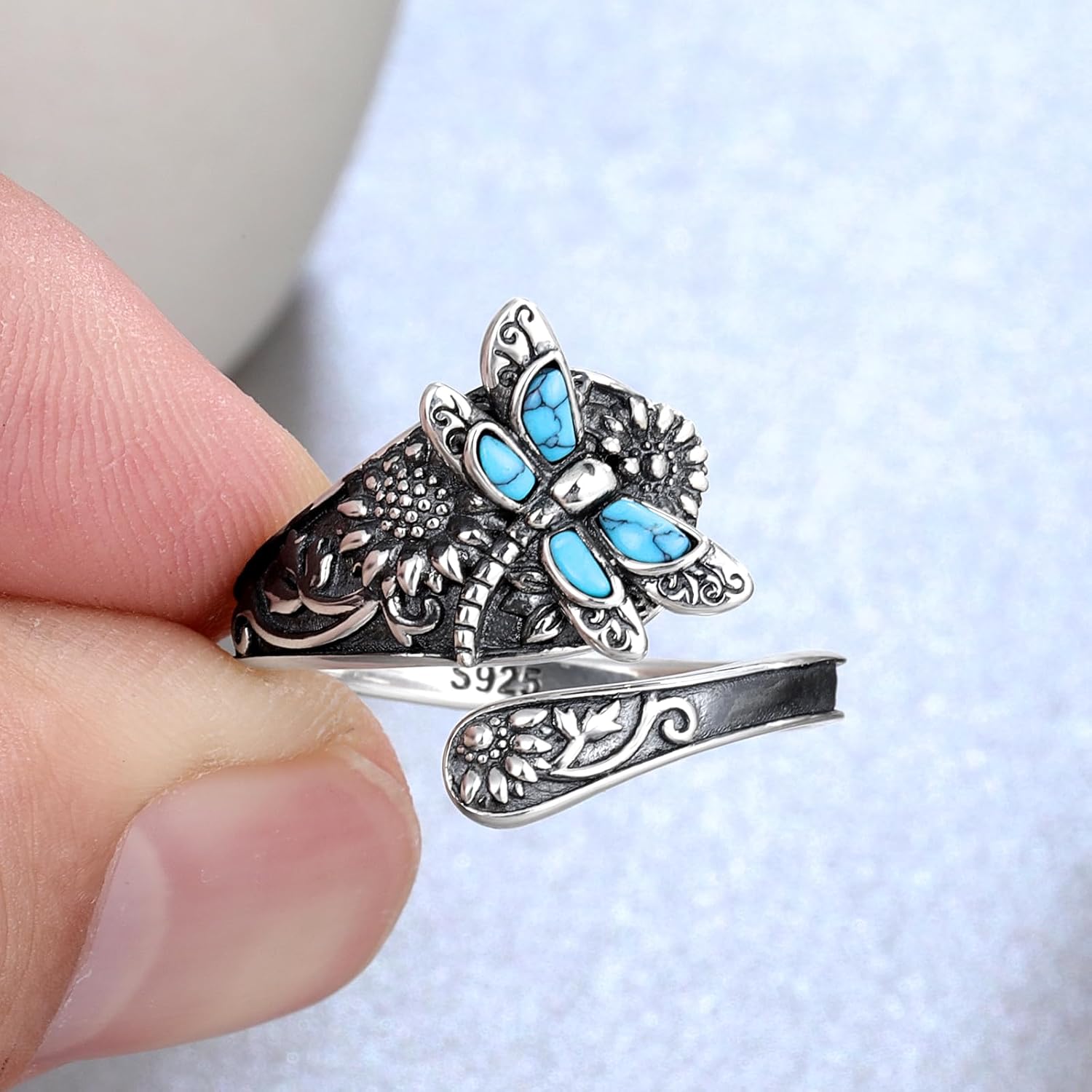 Turquoise Spoon Ring – Vintage Boho Wrap Ring with Dragonfly