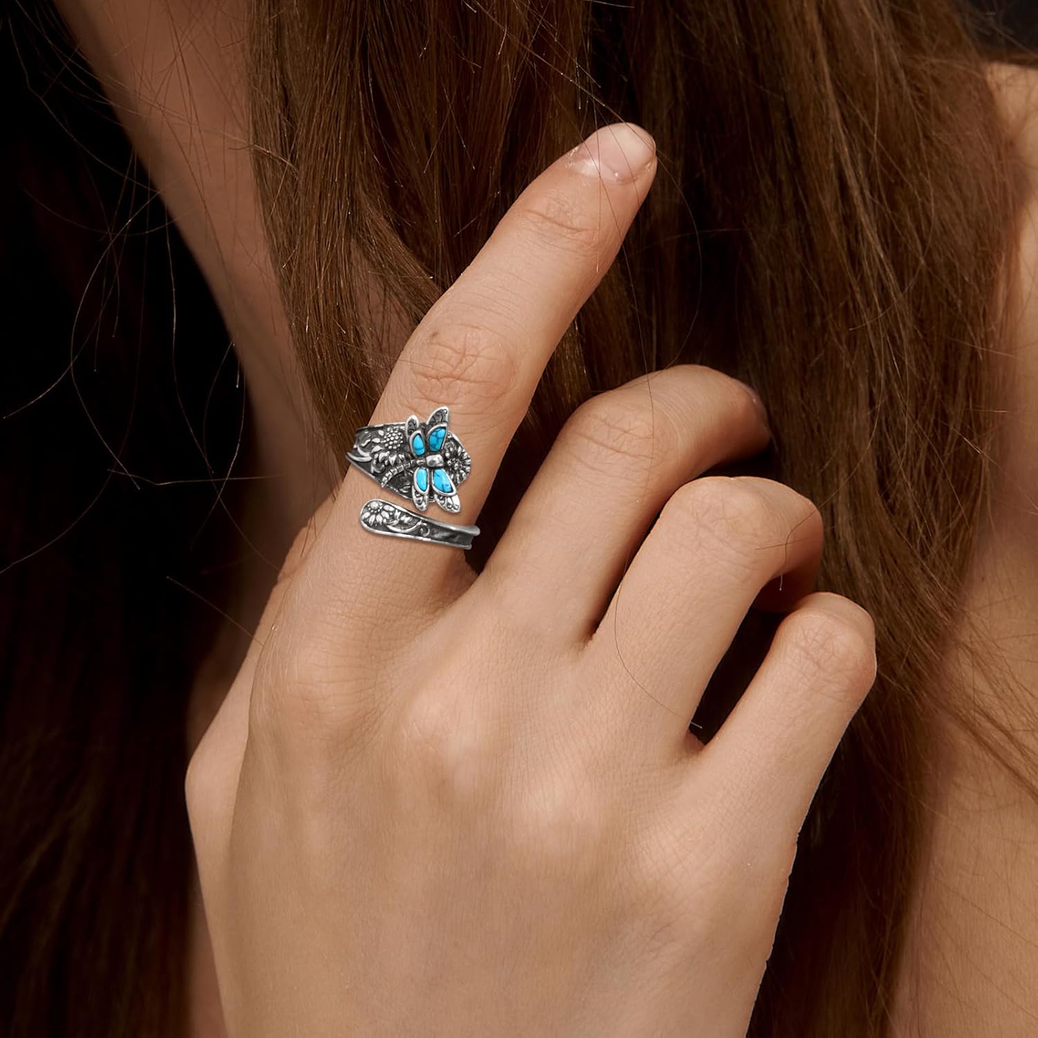 Turquoise Spoon Ring – Vintage Boho Wrap Ring with Dragonfly