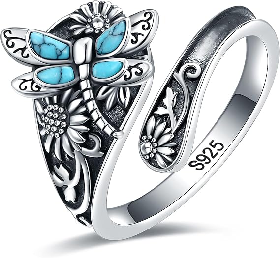 Turquoise Spoon Ring – Vintage Boho Wrap Ring with Dragonfly