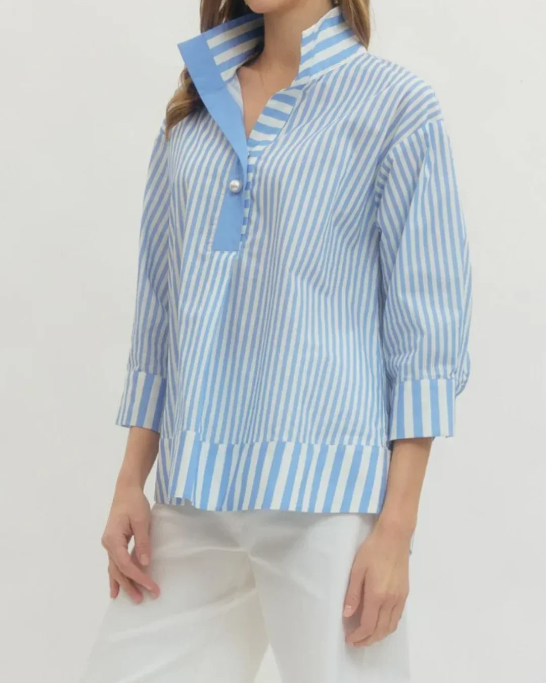 Vertical Striped V-Neck Pearl Button Blouse