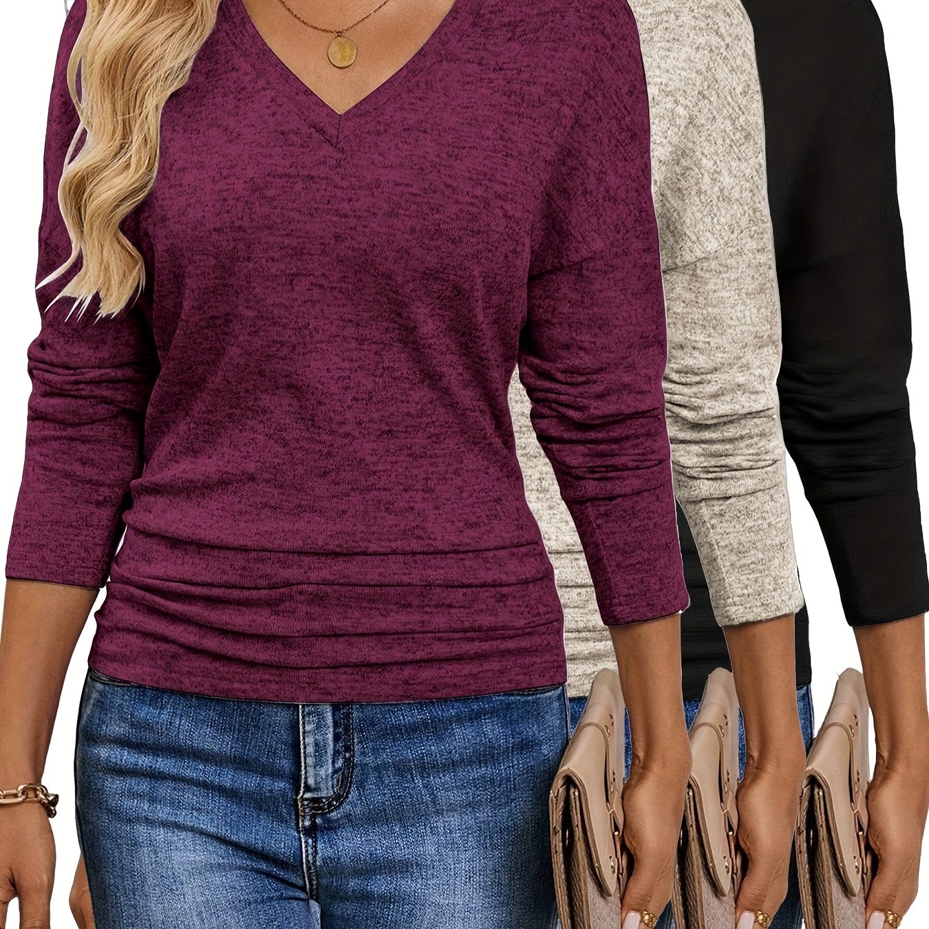 Maura™ | Soft and Stretchy V-Neck T-Shirt | 3-Pack Colors