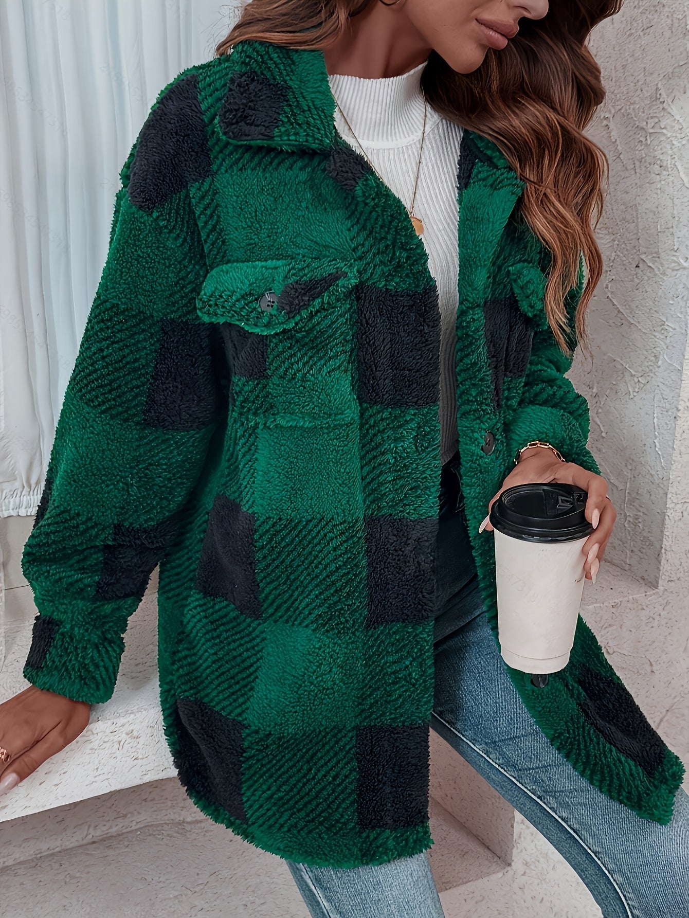 Lilou™ | Fleece Plaid Button-Up Shacket Jacket