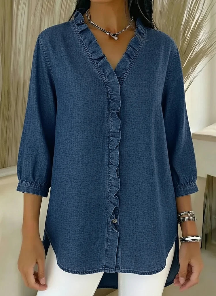 Chic Feminine Ruffle-Trim Denim Blouse