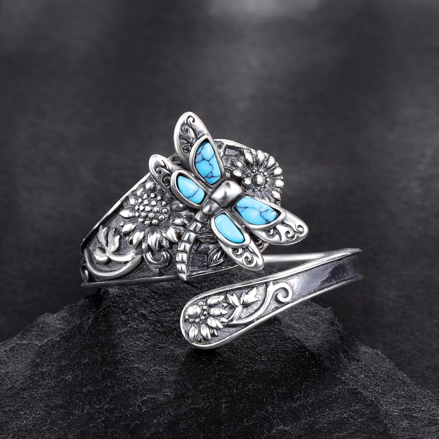 Turquoise Spoon Ring – Vintage Boho Wrap Ring with Dragonfly