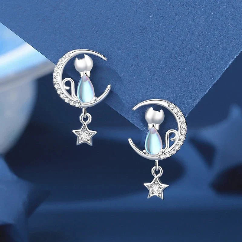 Moon & Star Cat Earrings With Zircon