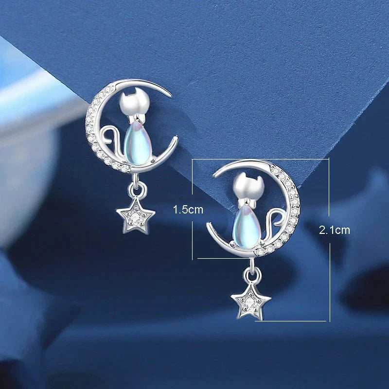 Moon & Star Cat Earrings With Zircon