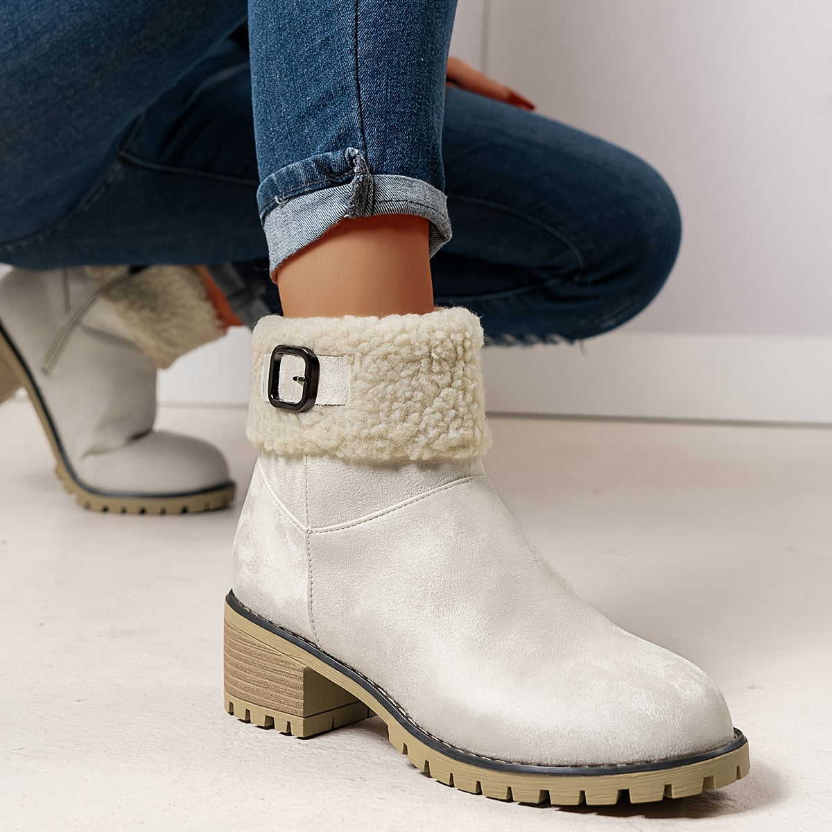 Mirella™ | Sherpa-cuff buckled side-zip heeled ankle boots