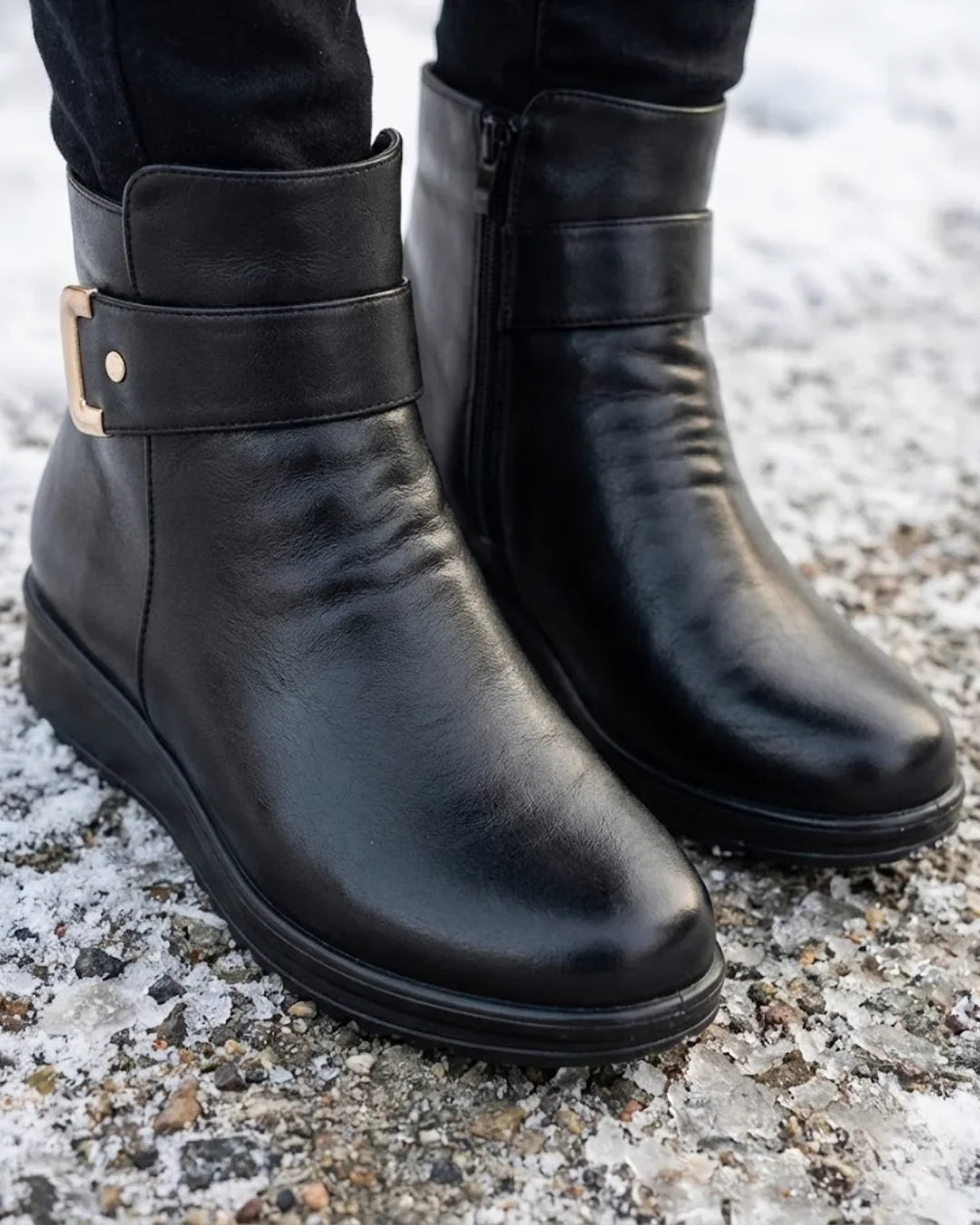 Avril™ | Side-zip buckle-strap plush-lined ankle boots