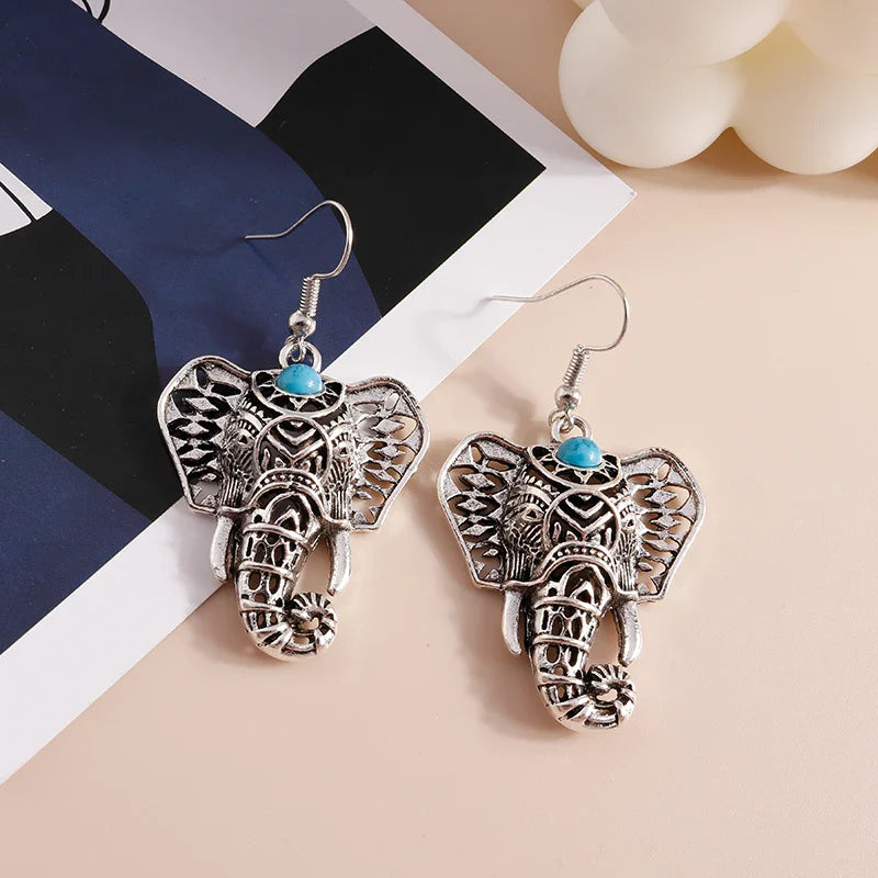 Vintage Elephant Drop Earrings Silver tone Bohemian