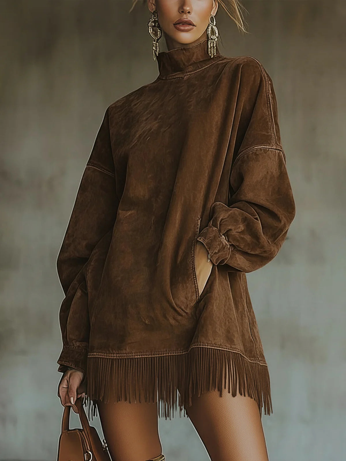 Francine™ | Washed Fringe-Hem Mock-Neck Sweatshirt Dress