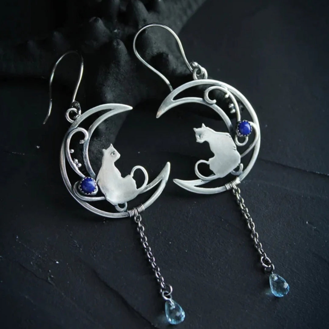 Blue Zirconia Cat Boho Earrings in Sterling Silver tone