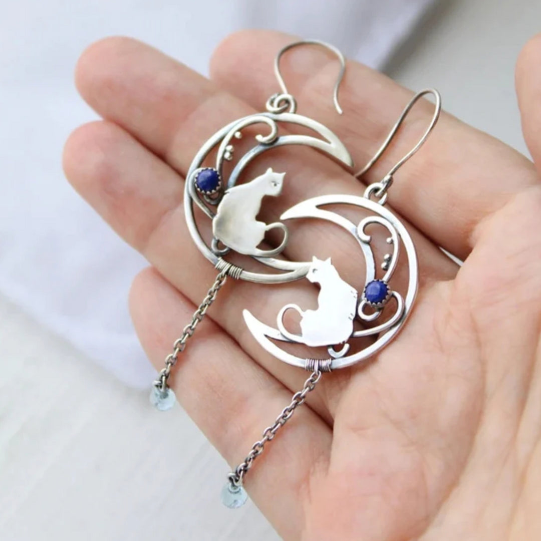 Blue Zirconia Cat Boho Earrings in Sterling Silver tone
