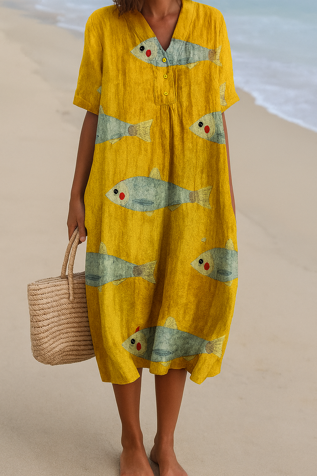 Whimsical Fish Print Linen Kaftan Dress