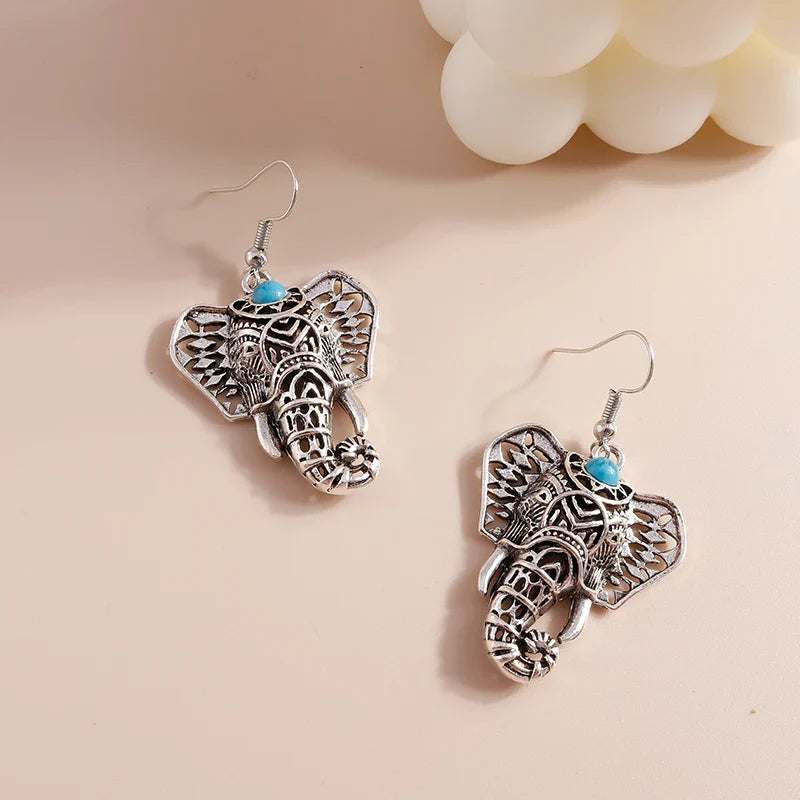 Vintage Elephant Drop Earrings Silver tone Bohemian