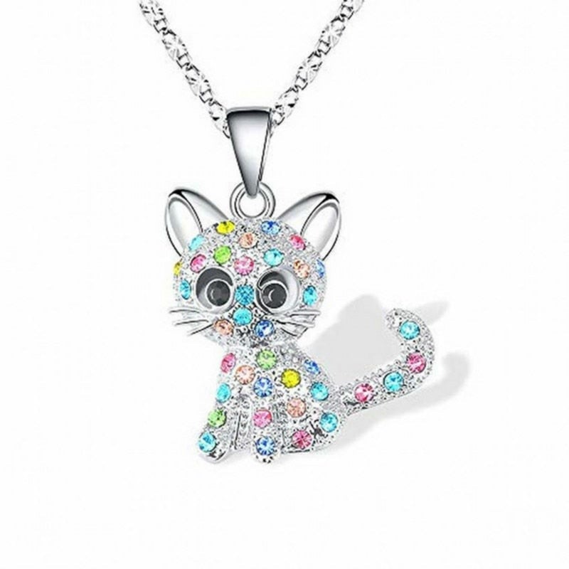 Silver tone Baby Kittens and Coloured Zirconia Necklace