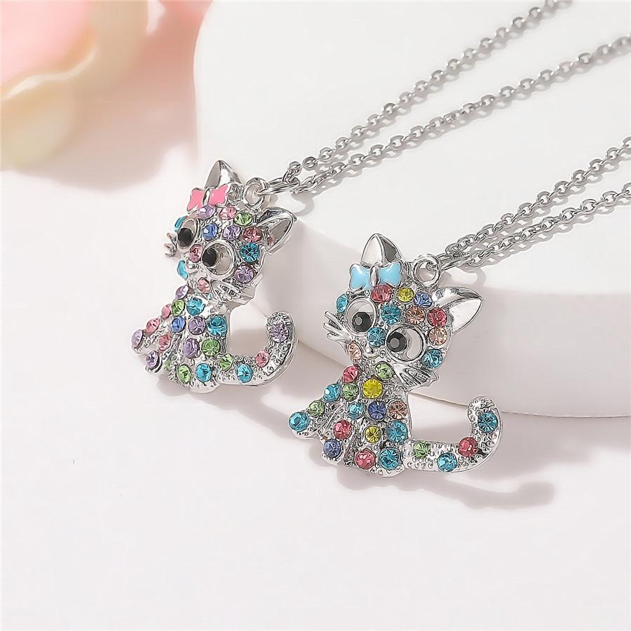 Silver tone Baby Kittens and Coloured Zirconia Necklace